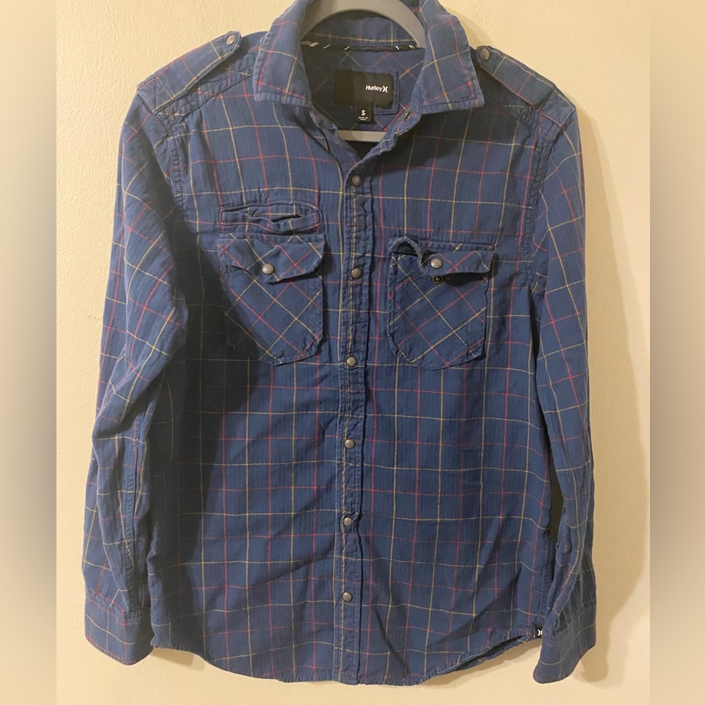 Mens Hurley Snap Button Front Blue Red Plaid Shirt Size Small